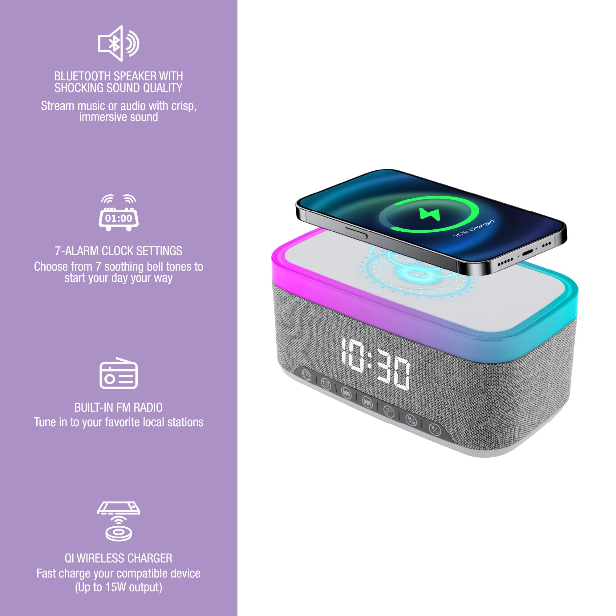 2-in-1 Charging & Illumination Set – Wireless Charging Alarm Clock Speaker + LED Desk Lamp Charger