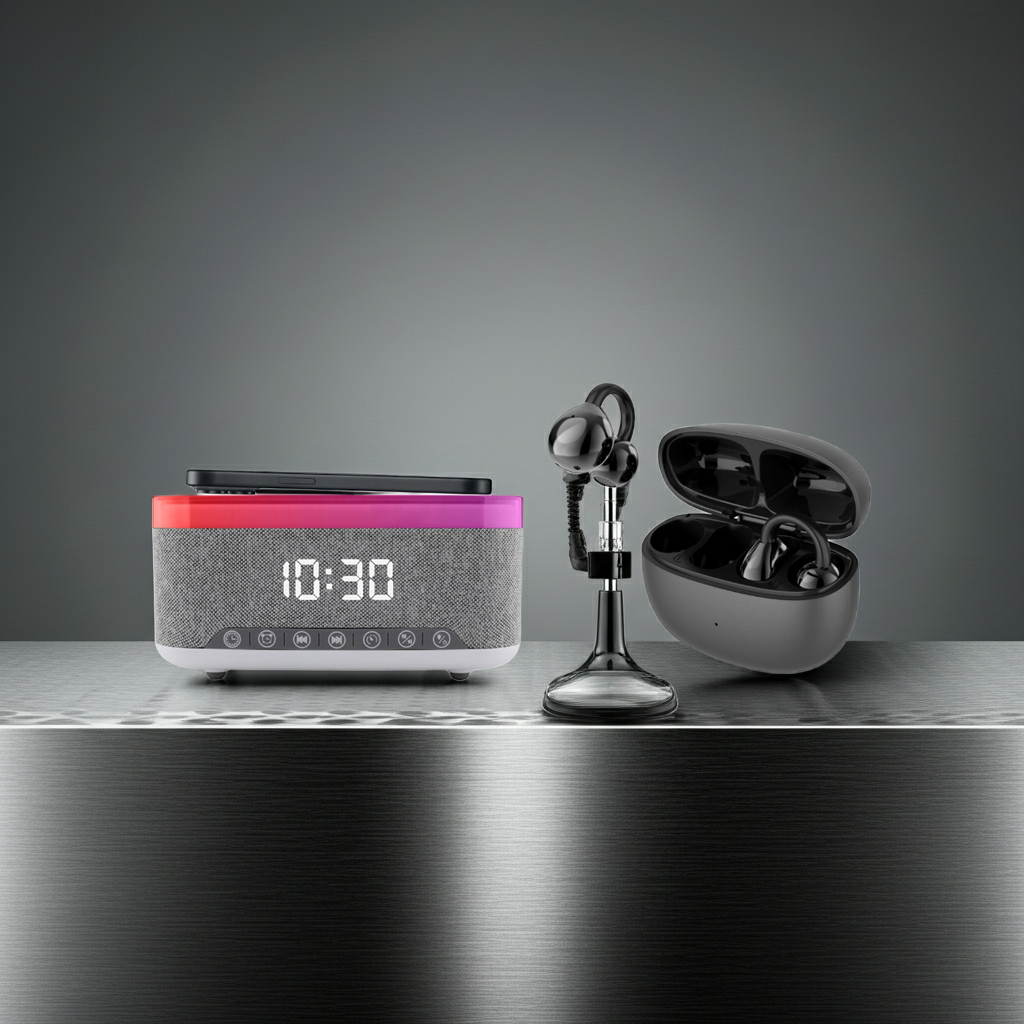 Complete Wireless Audio & Charging Bundle – Alarm Clock Radio Speaker with Wireless Charger + Earbuds