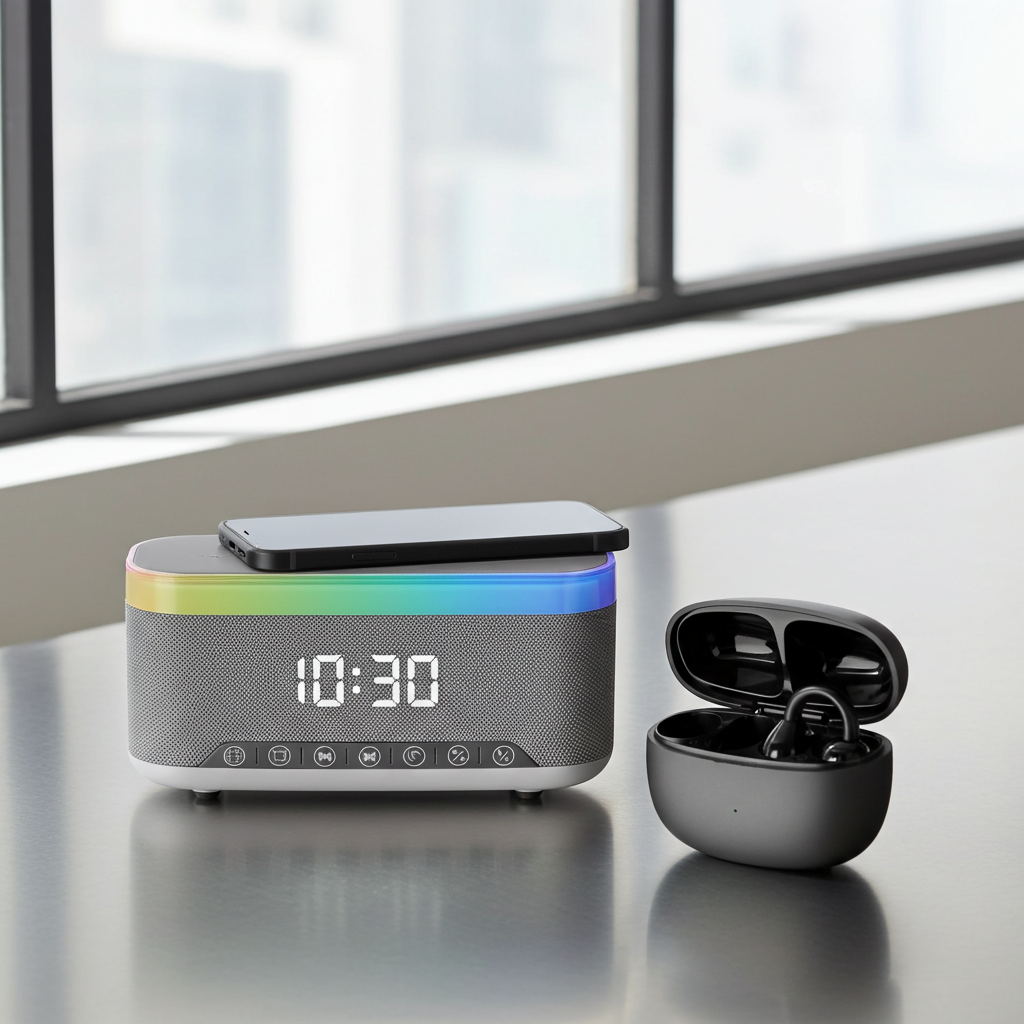 Complete Wireless Audio & Charging Bundle – Alarm Clock Radio Speaker with Wireless Charger + Earbuds